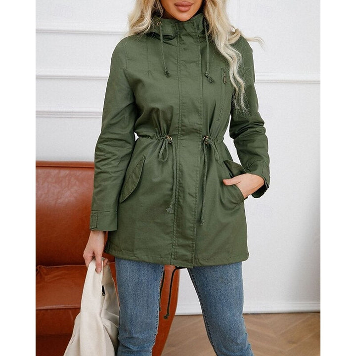 Women's Hooded Utility Coat with Drawstring Waist and Zip Closure