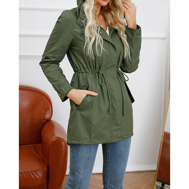 Women's Hooded Utility Coat with Drawstring Waist and Zip Closure