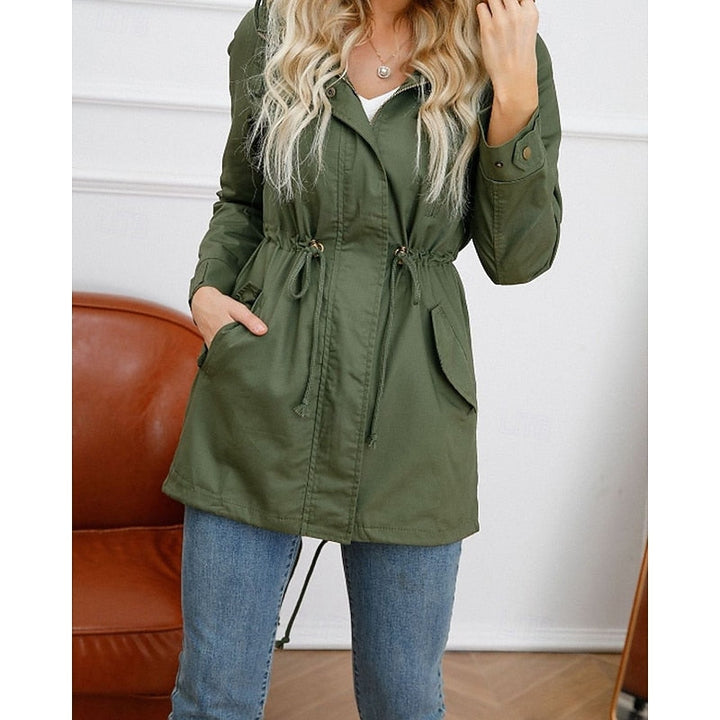 Women's Hooded Utility Coat with Drawstring Waist and Zip Closure