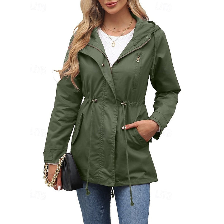 Women's Hooded Utility Coat with Drawstring Waist and Zip Closure