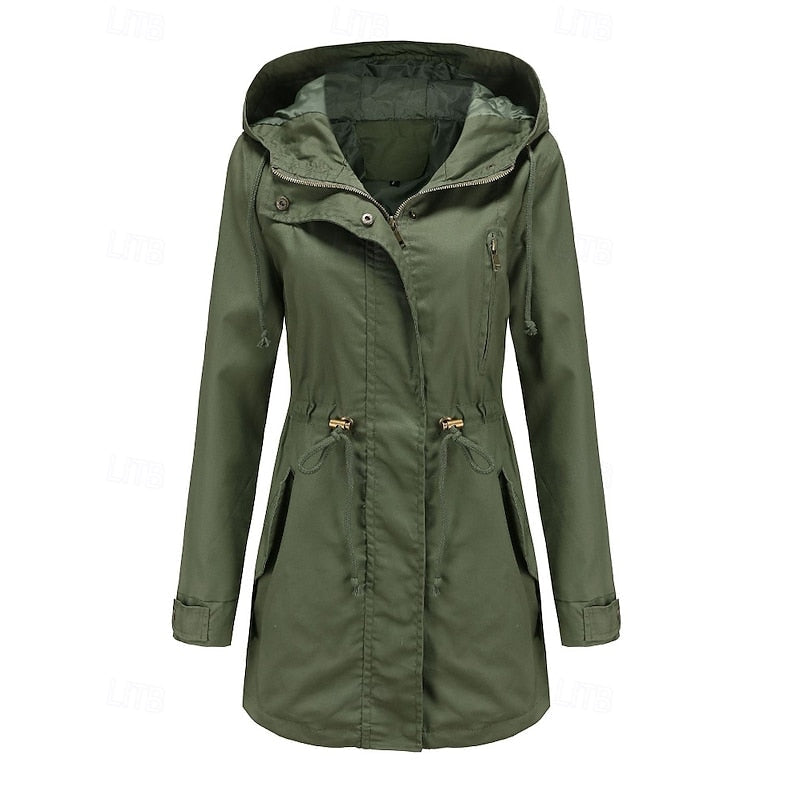 Women's Hooded Utility Coat with Drawstring Waist and Zip Closure