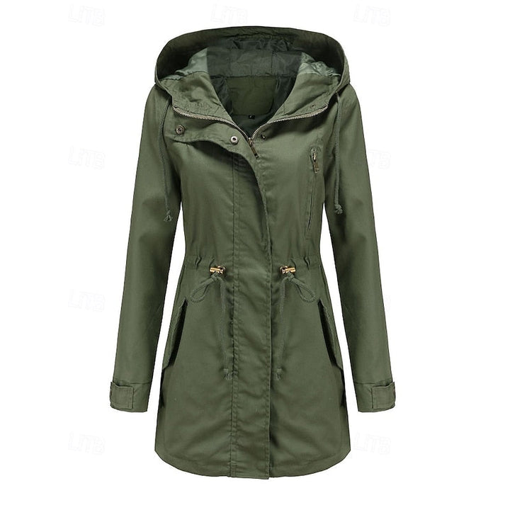 Women's Hooded Utility Coat with Drawstring Waist and Zip Closure