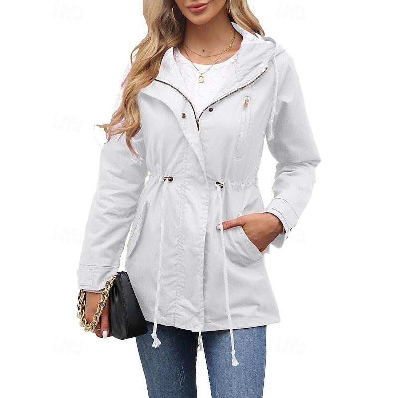 Women's Hooded Utility Coat with Drawstring Waist and Zip Closure