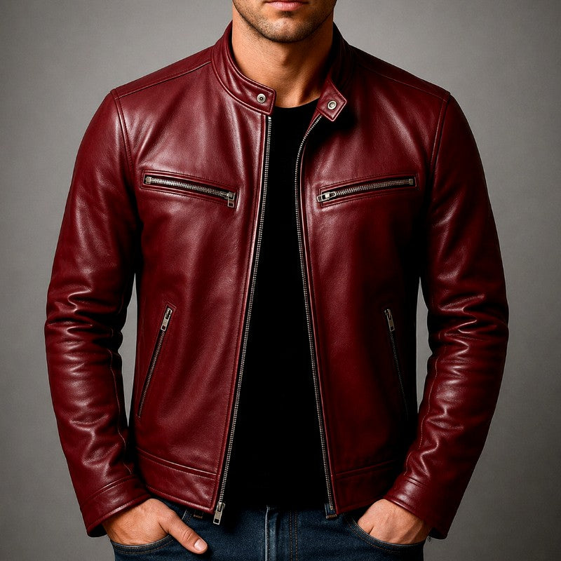 Men's Leather Café Racer Slim Fit Jacket