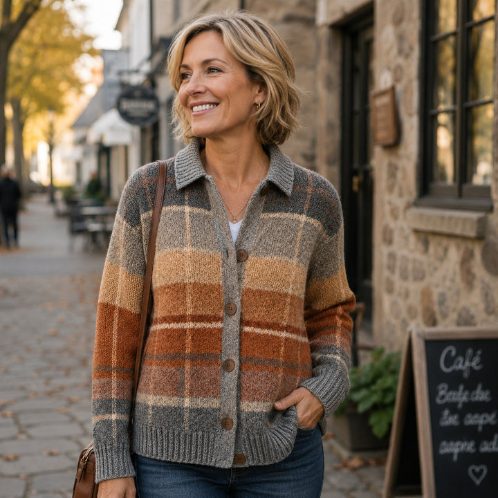 Women's Plaid Cardigan with Button Front and Collar