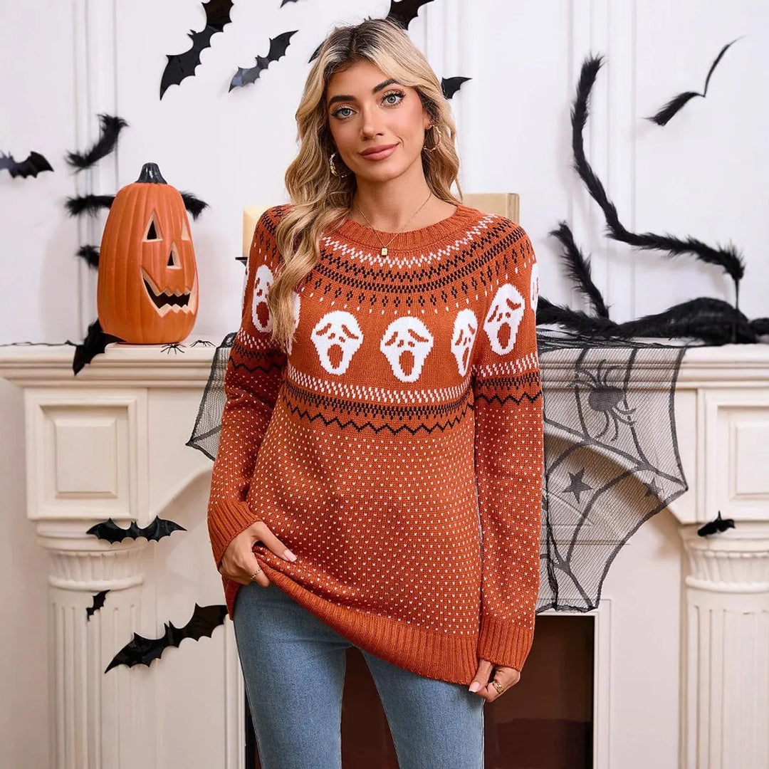 Women's Spooky Ghost Knit Crewneck Long-Sleeve Halloween Sweater