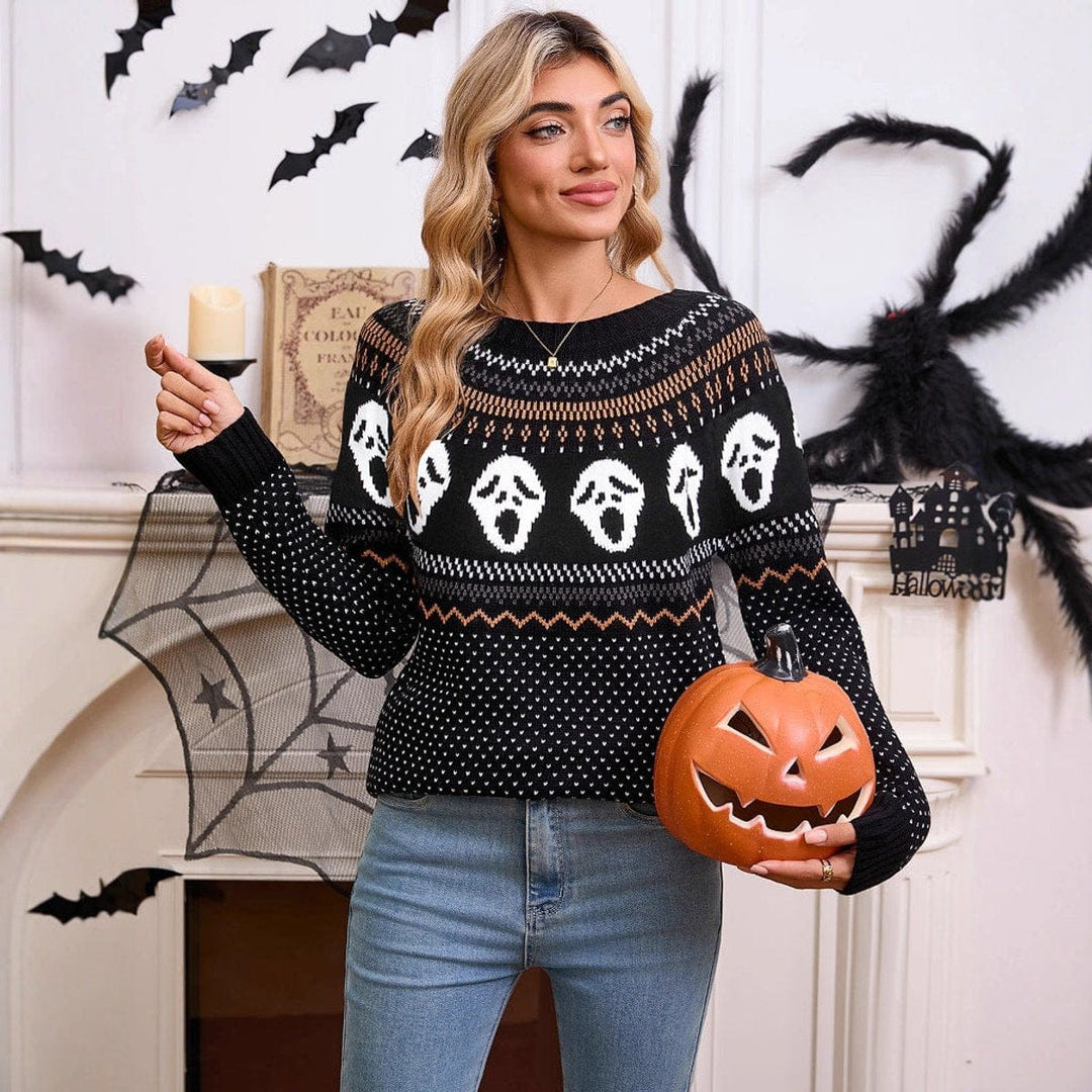 Women's Spooky Ghost Knit Crewneck Long-Sleeve Halloween Sweater