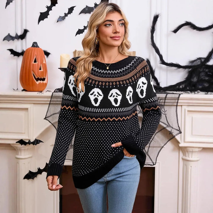 Women's Spooky Ghost Knit Crewneck Long-Sleeve Halloween Sweater