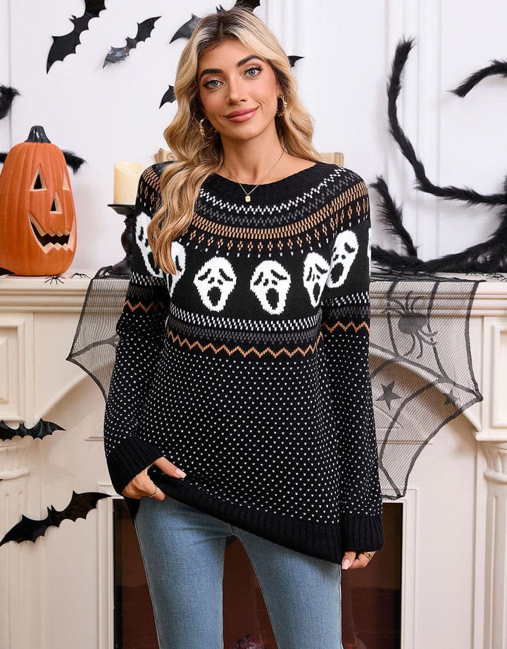 Women's Spooky Ghost Knit Crewneck Long-Sleeve Halloween Sweater