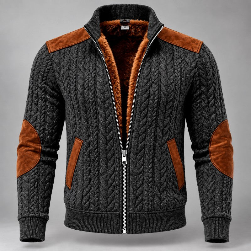 Men's Cable Knit Faux Fur Lined Zip-Up Jacket