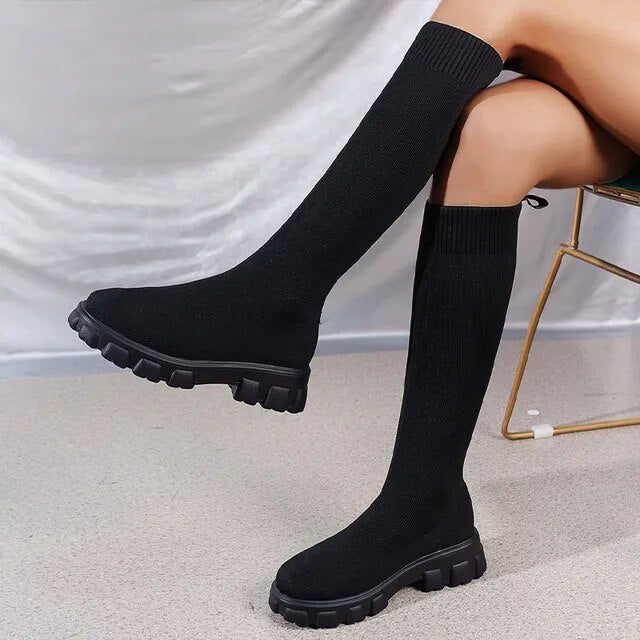 Women's Ribbed Knit Knee-High Boots with Lug Sole