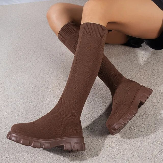 Women's Ribbed Knit Knee-High Boots with Lug Sole