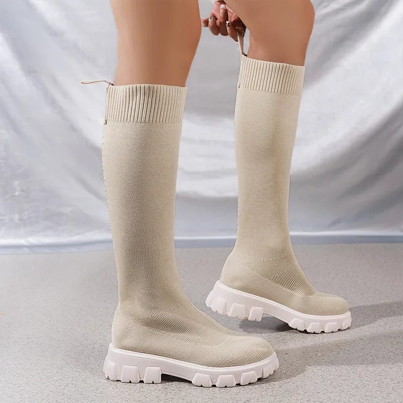 Women's Ribbed Knit Knee-High Boots with Lug Sole
