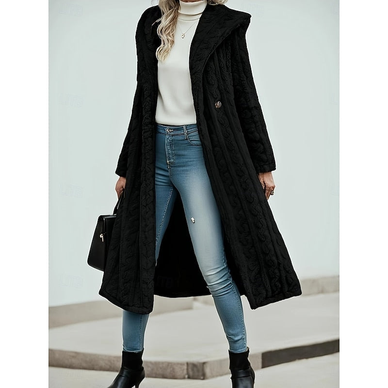 Women's Cable Knit Plush Hooded Longline Coat