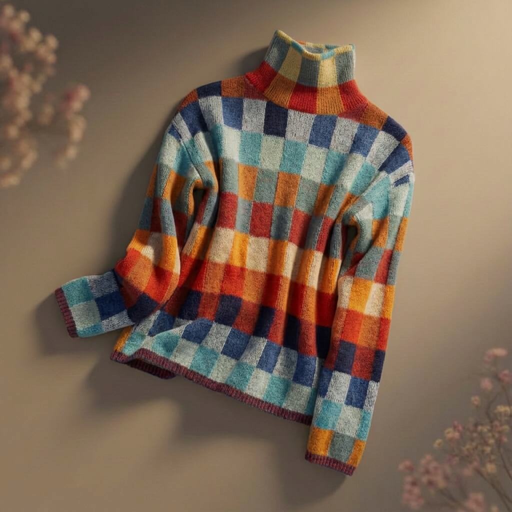 Women's Checkered Mock-Neck Merino Wool Sweater
