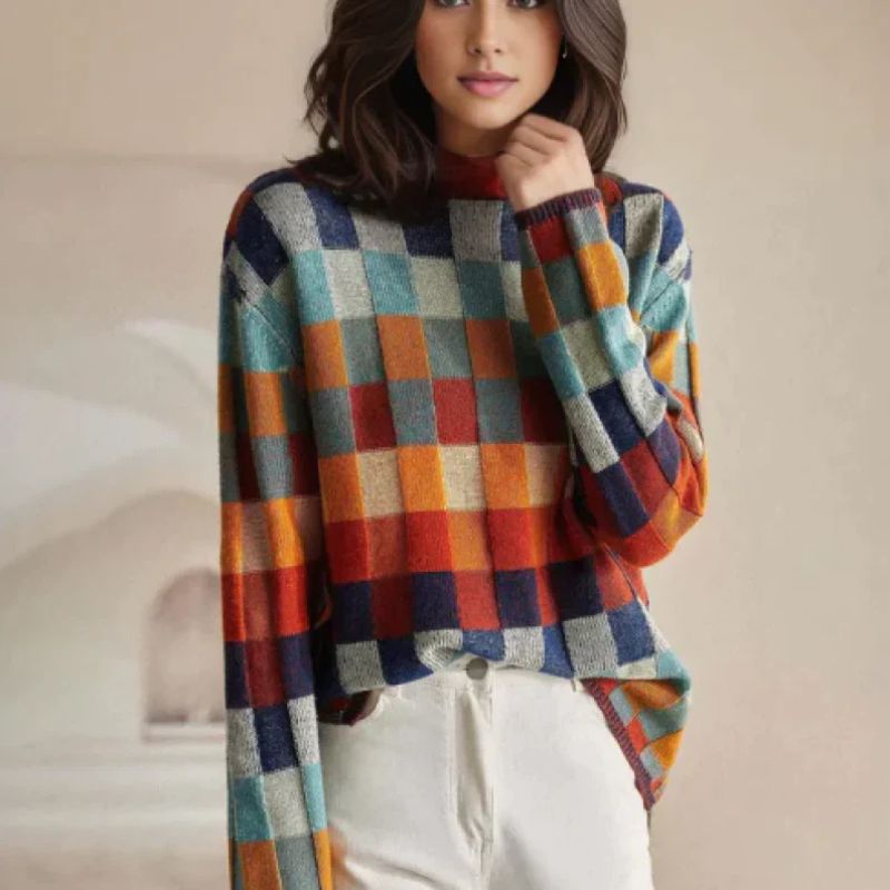 Women's Checkered Mock-Neck Merino Wool Sweater