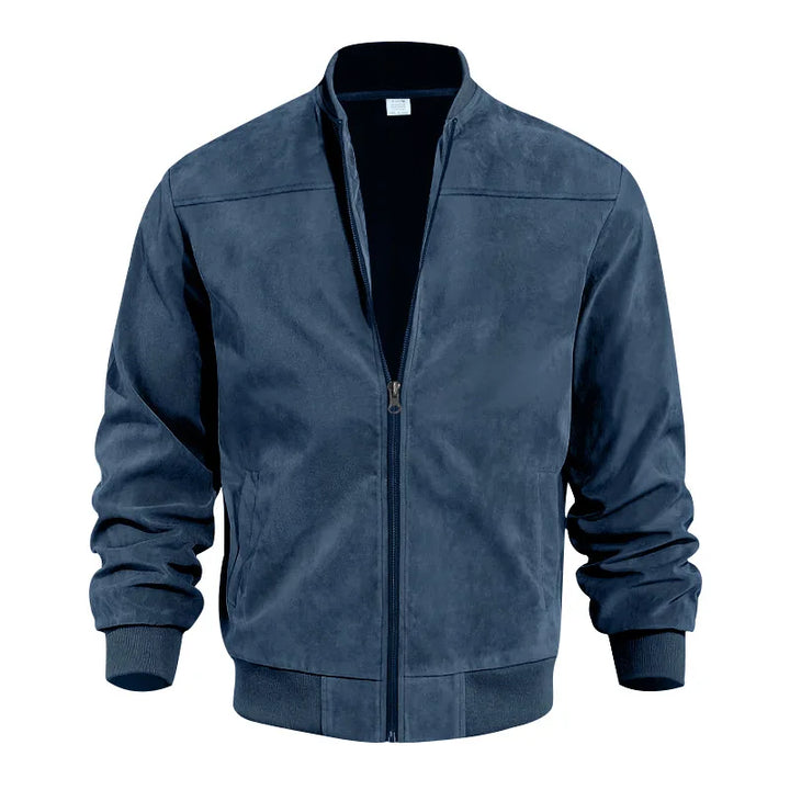 Men's Suede Bomber Jacket with Stand Collar for Casual Wear