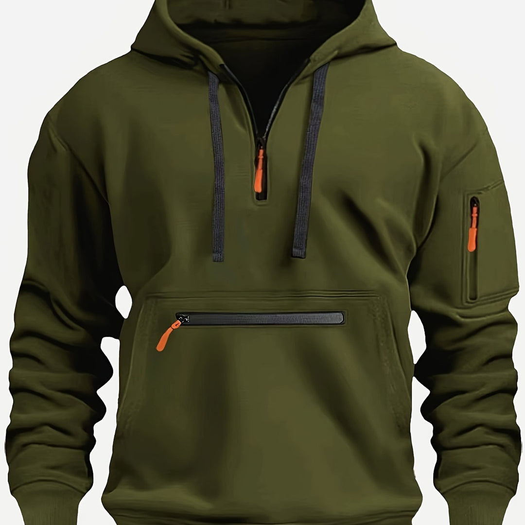 Men's Solid Color Half-Zip Long Sleeve Casual Hoodie with Pocket