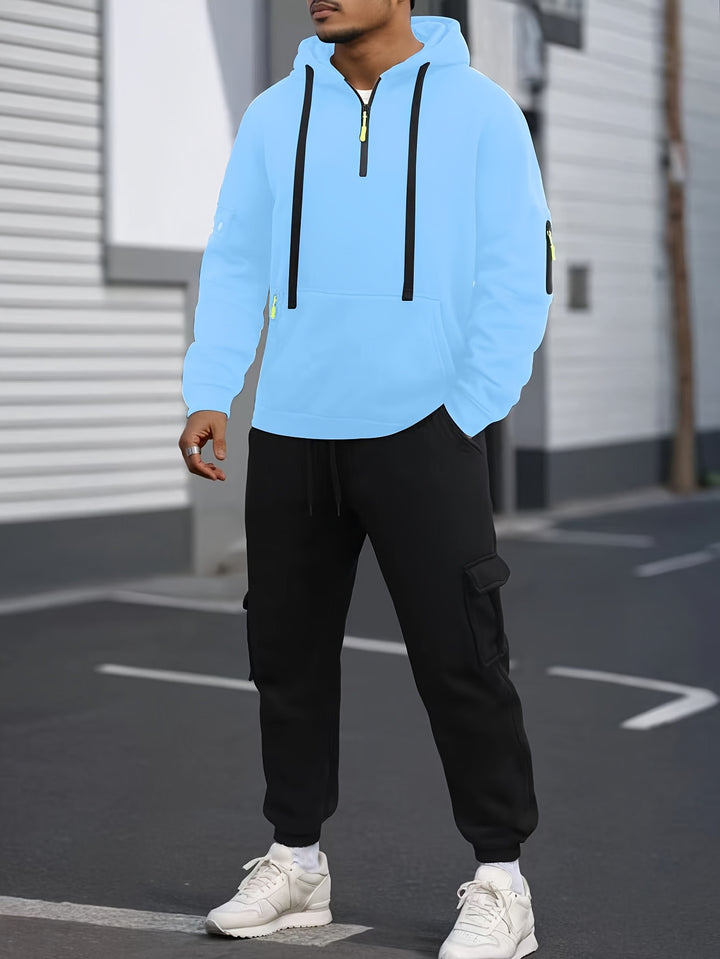 Men's Solid Color Half-Zip Long Sleeve Casual Hoodie with Pocket