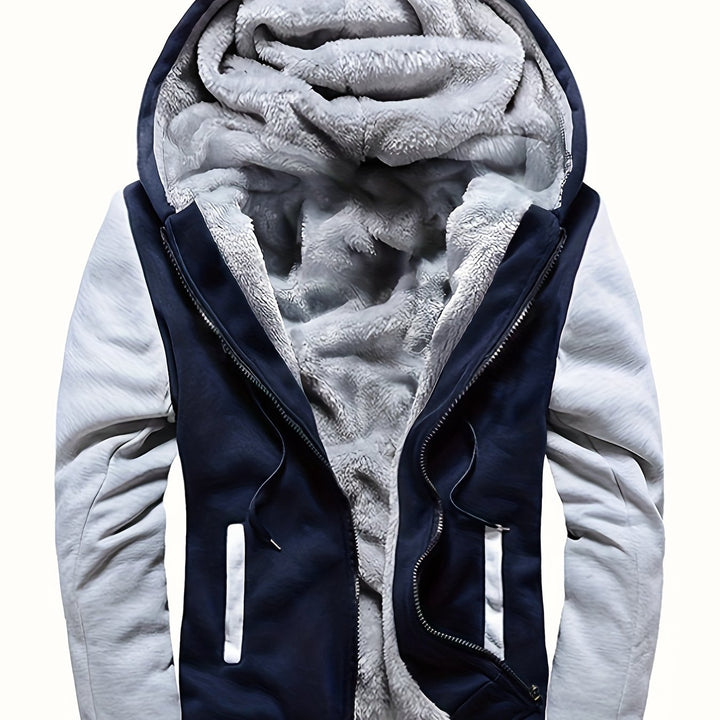 Men's Warm Fleece Hooded Jacket, Casual Color Block Coat for Winter