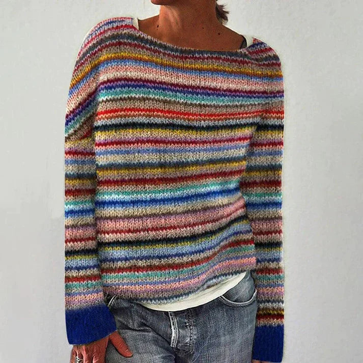 Women's Multi-Striped Knit Sweater with Ribbed Cuffs