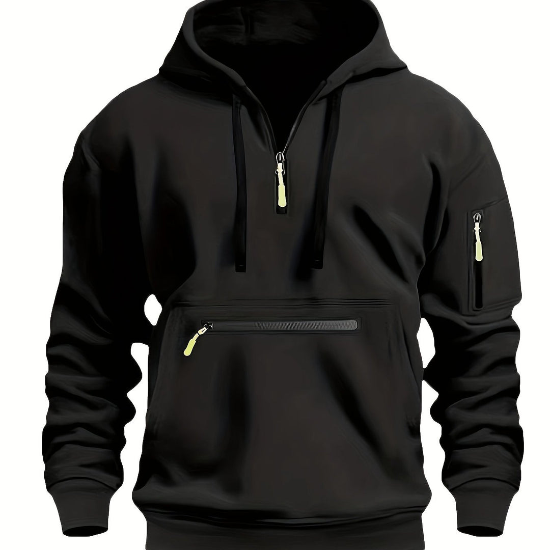 Men's Solid Color Half-Zip Long Sleeve Casual Hoodie with Pocket