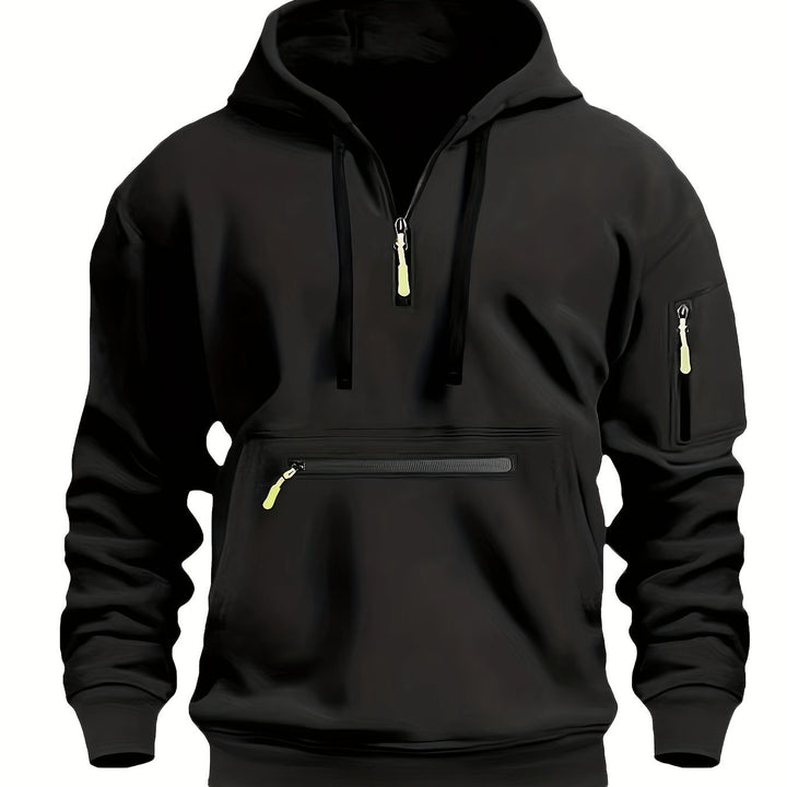 Men's Solid Color Half-Zip Long Sleeve Casual Hoodie with Pocket