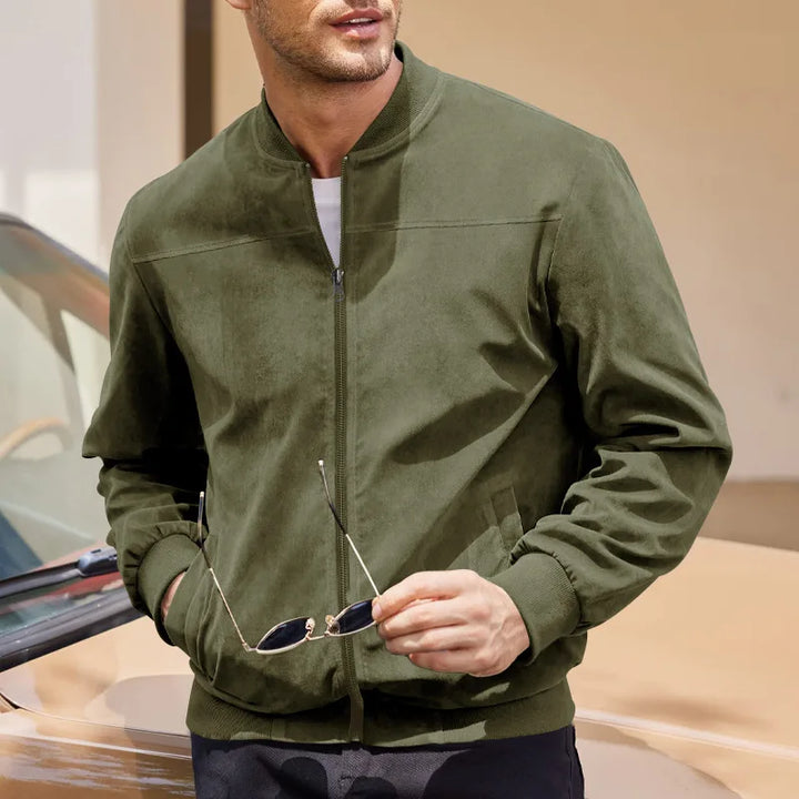 Men's Suede Bomber Jacket with Stand Collar for Casual Wear