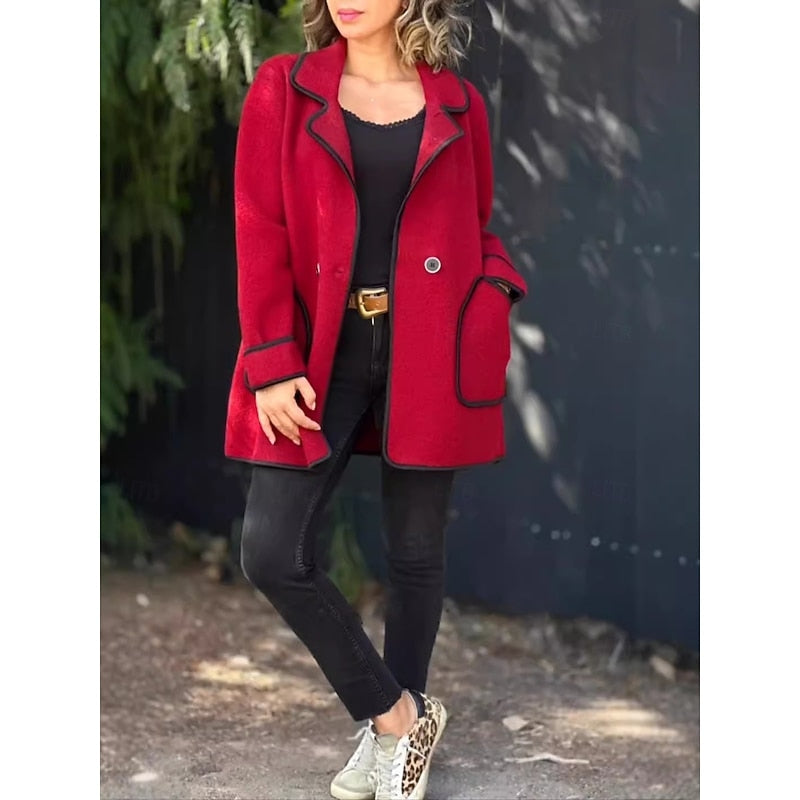 Women's Contrast-Trim Coat with Notch Lapel and Loose Fit