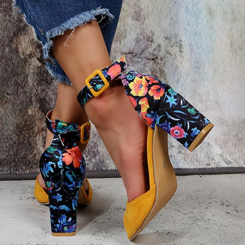 Marcella | Women's Floral High Heels with Ankle Straps