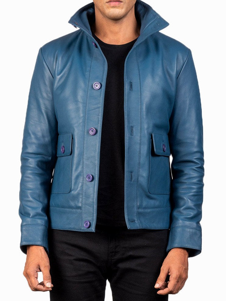 Men's Leather Bomber Jacket with Flap Pockets