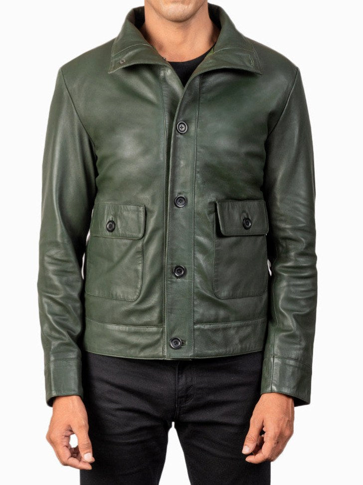 Men's Leather Bomber Jacket with Flap Pockets