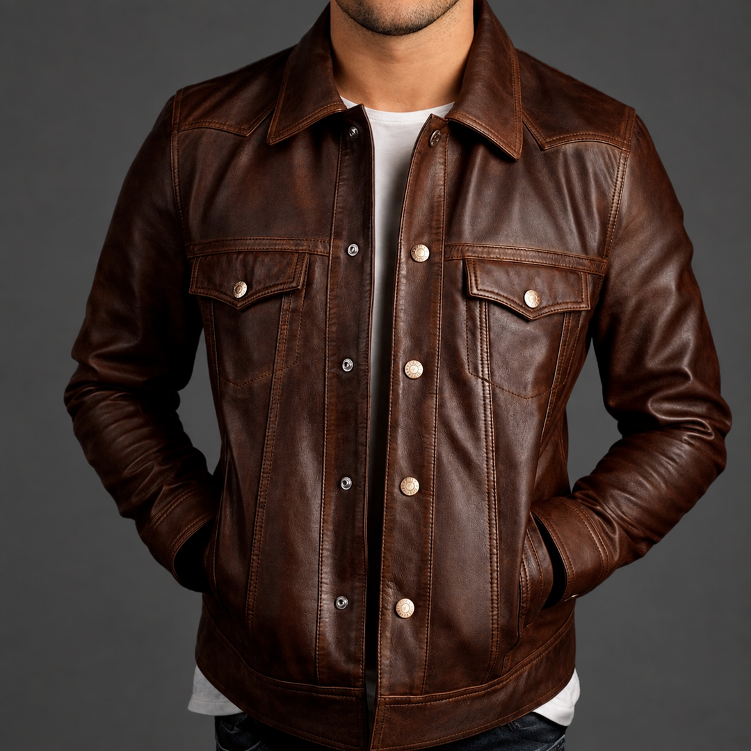 Men's Button-Front Leather Jacket with Pockets