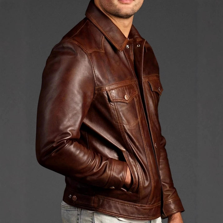 Men's Button-Front Leather Jacket with Pockets