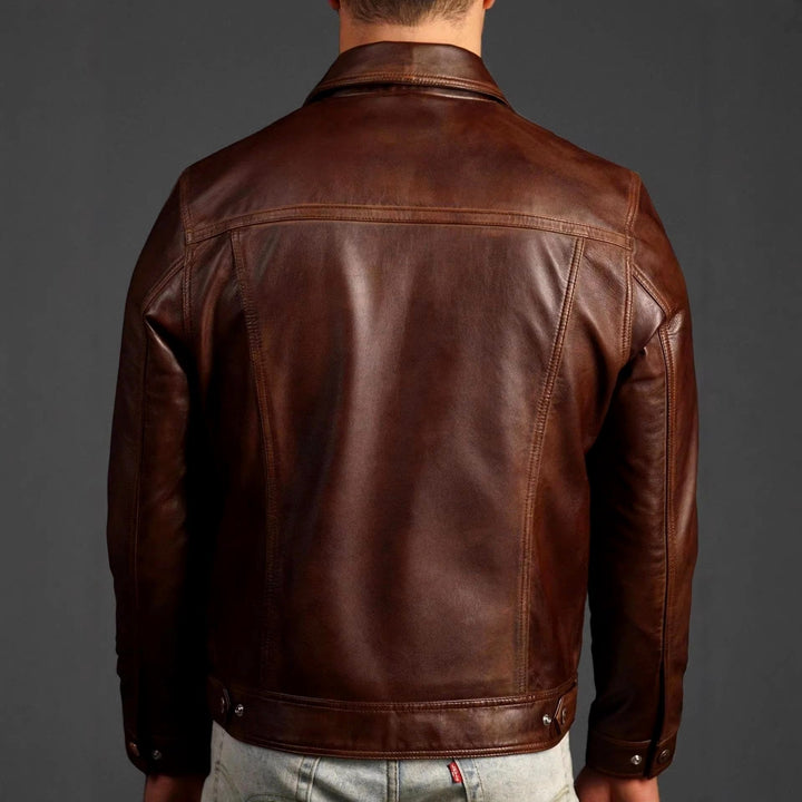 Men's Button-Front Leather Jacket with Pockets