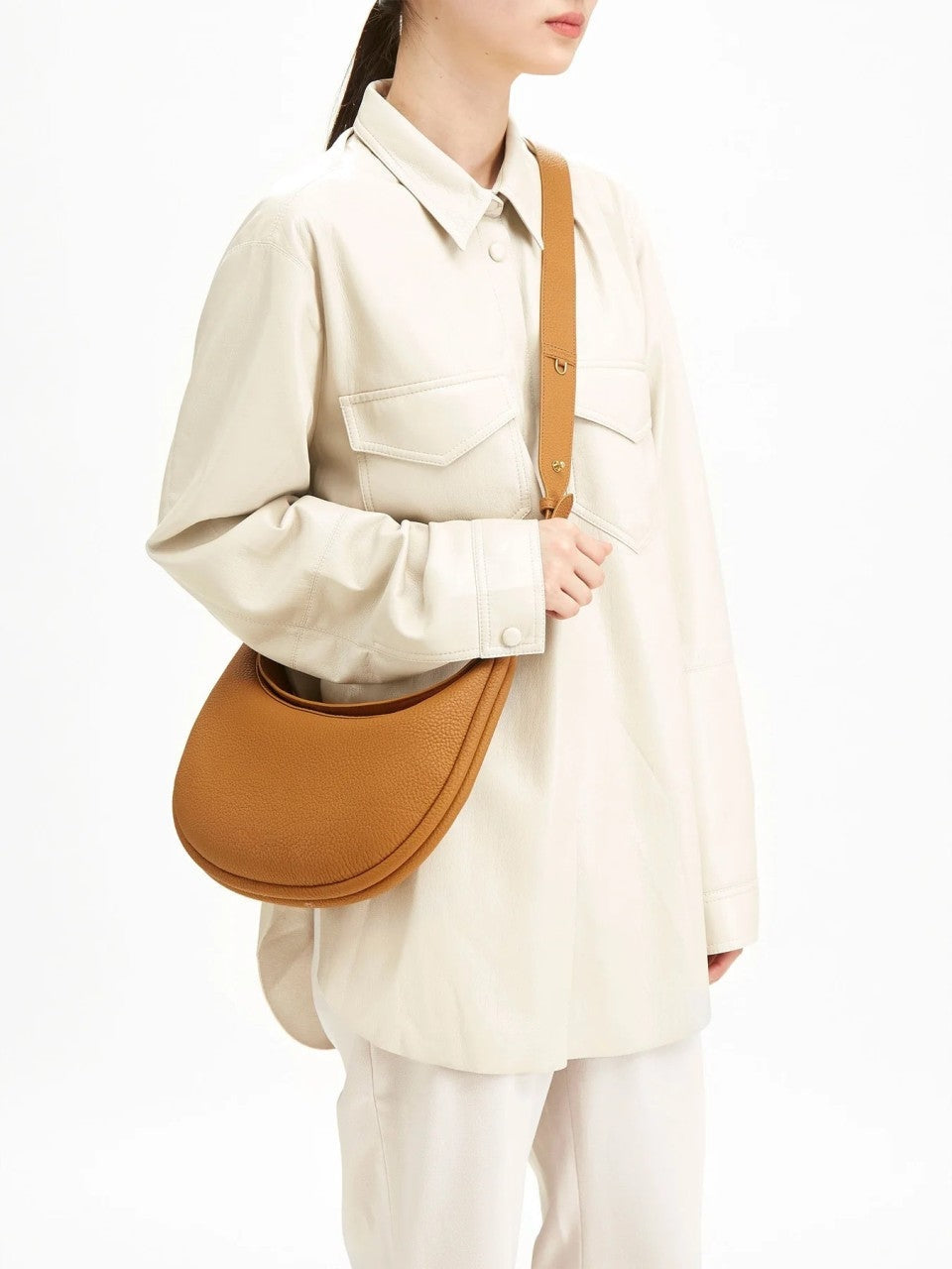 Women's Minimalist Crescent Shoulder Bag with Gold Accents for Day & Night