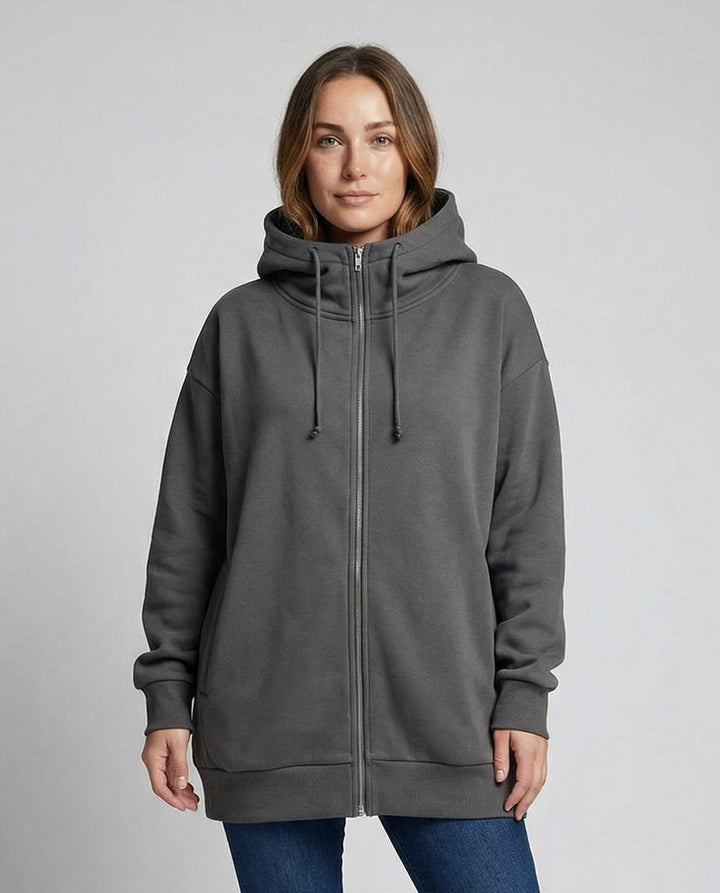 Women's Oversized Longline Zip-Up Hoodie with Ribbed Details