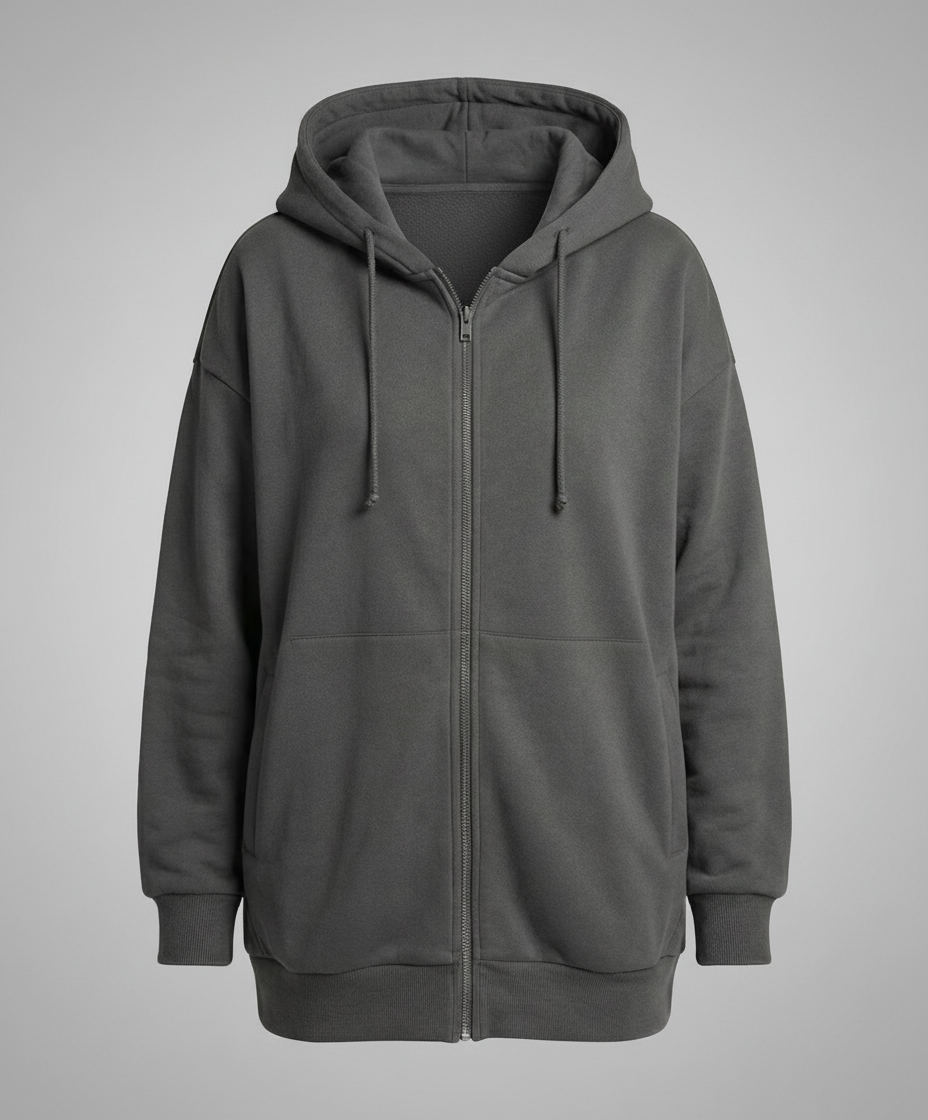 Women's Oversized Longline Zip-Up Hoodie with Ribbed Details