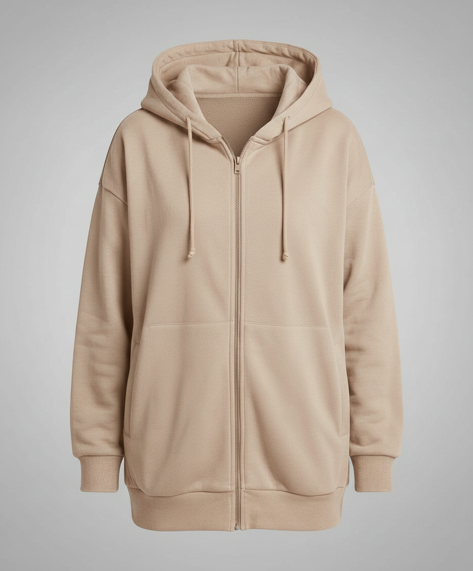 Women's Oversized Longline Zip-Up Hoodie with Ribbed Details