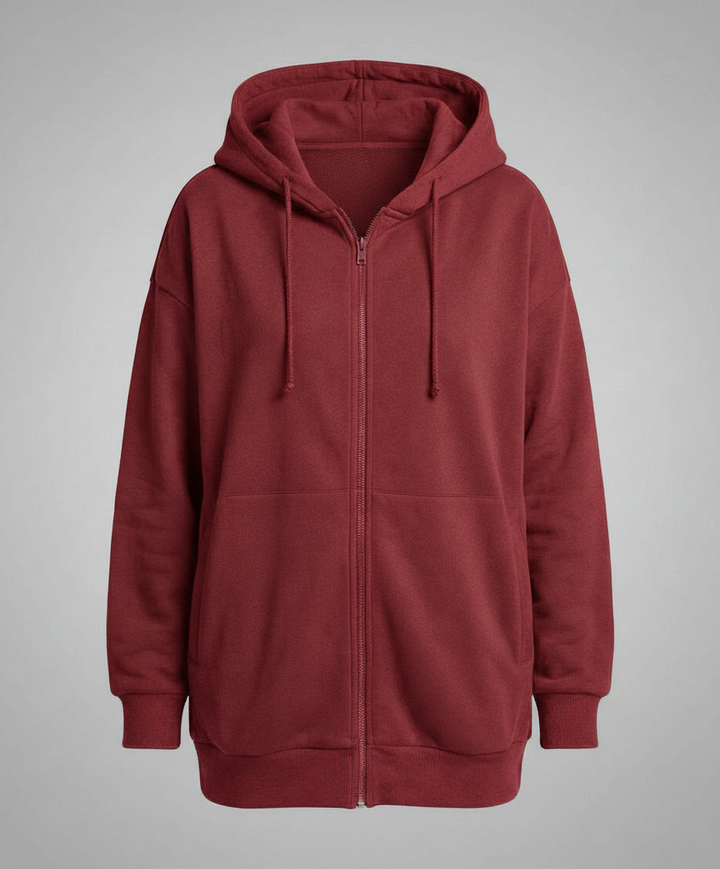 Women's Oversized Longline Zip-Up Hoodie with Ribbed Details
