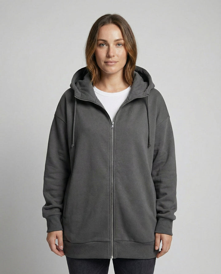 Women's Oversized Longline Zip-Up Hoodie with Ribbed Details