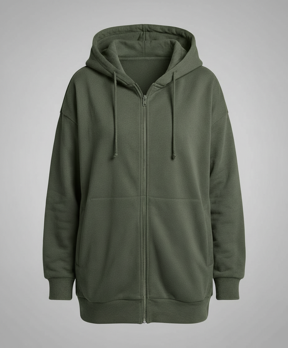 Women's Oversized Longline Zip-Up Hoodie with Ribbed Details