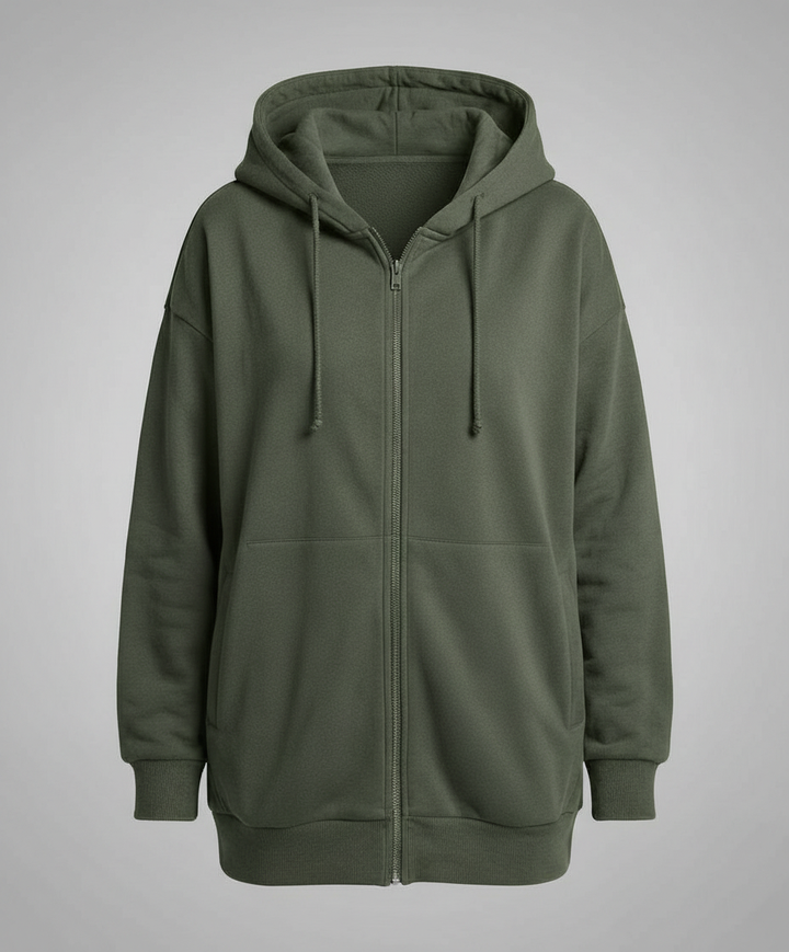 Women's Oversized Longline Zip-Up Hoodie with Ribbed Details