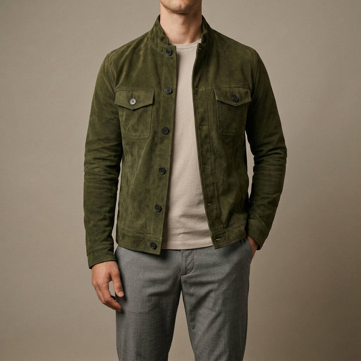 Men's Suede Button-Front Jacket with Chest Pockets