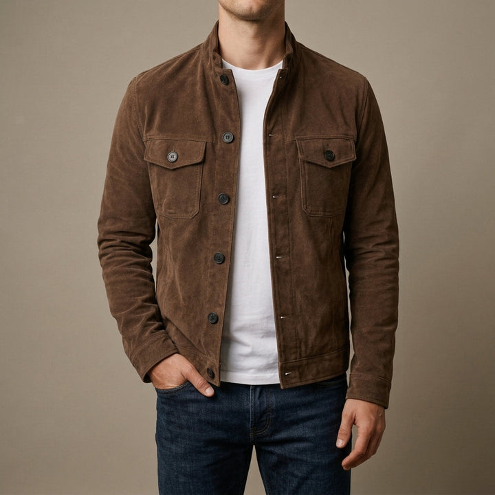 Men's Suede Button-Front Jacket with Chest Pockets