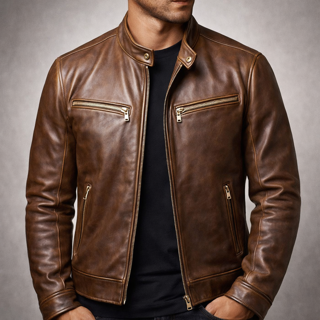 Men's Zip-Front Leather Jacket with Chest Pockets