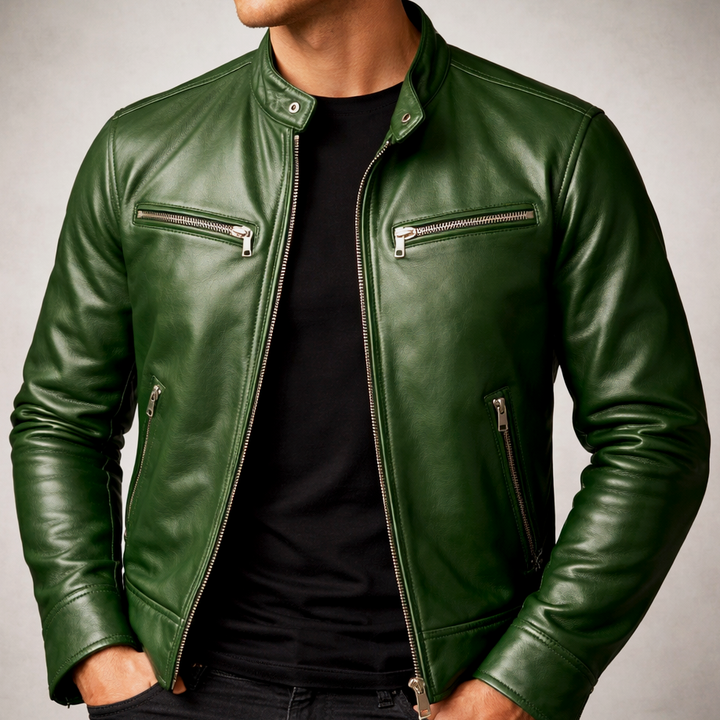 Men's Zip-Front Leather Jacket with Chest Pockets