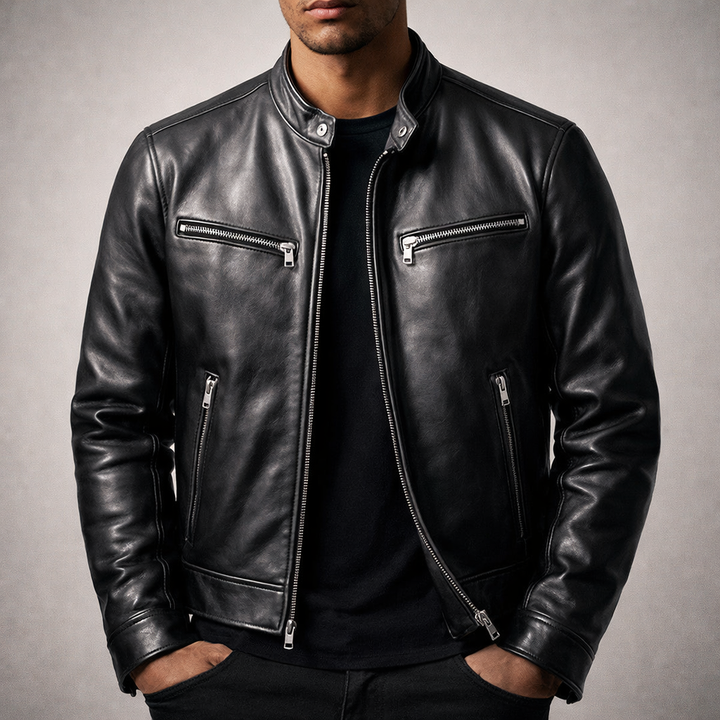 Men's Zip-Front Leather Jacket with Chest Pockets