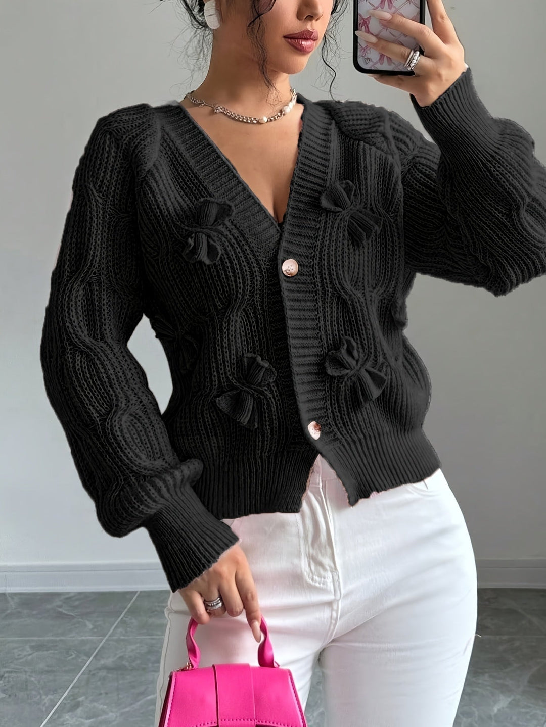 Women's Bow-Detail V-Neck Cardigan with Button Front
