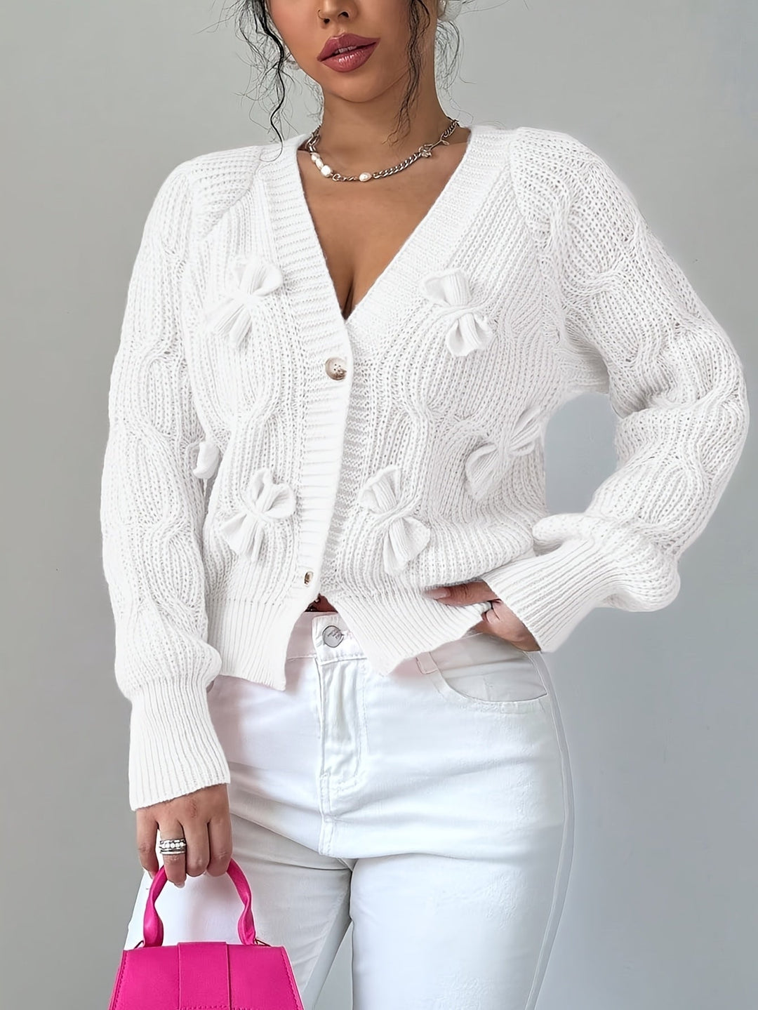 Women's Bow-Detail V-Neck Cardigan with Button Front